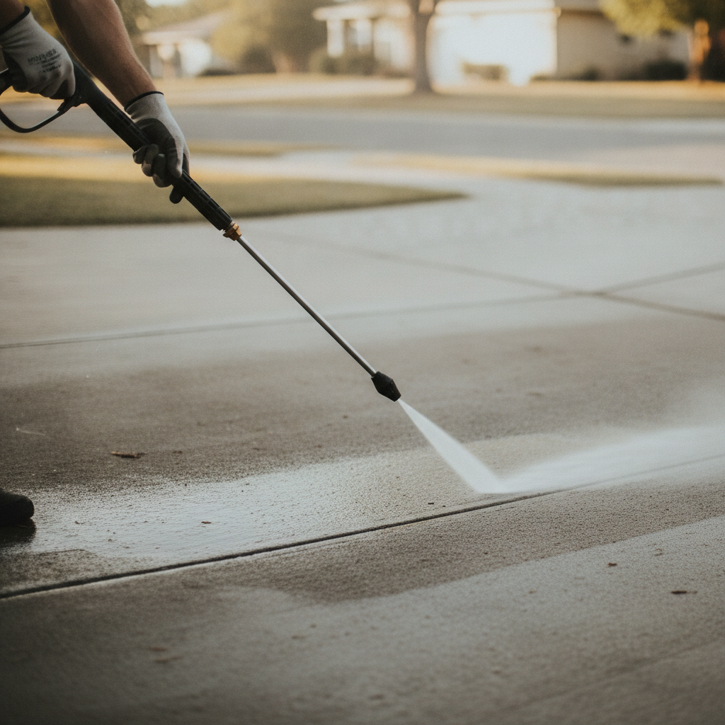 Concrete pressure washing no peoples faces just hand